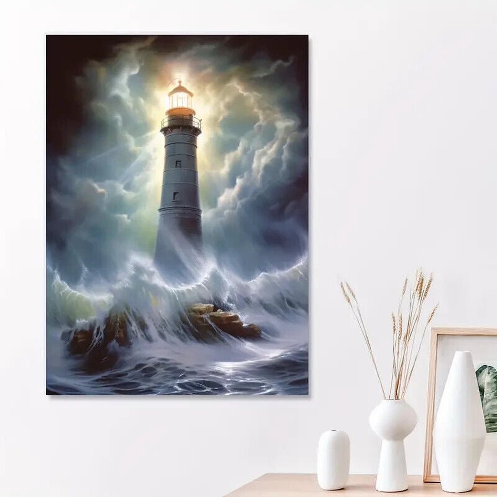 Lighthouse In A Storm Vibrant Canvas Print Framed 12" x 16" Home & Garden:Home Décor:Posters & Prints Style Your Walls